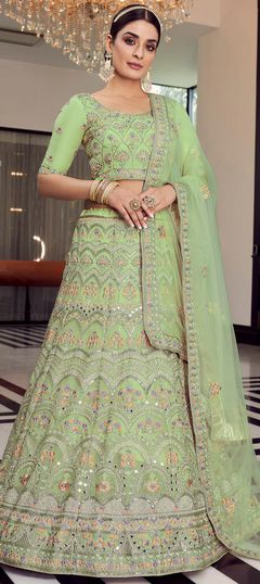 Festive, Party Wear Green color Lehenga in Organza Silk, Silk fabric with A Line Embroidered, Mirror, Thread, Zari, Zircon work : 1788809