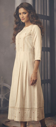 Party Wear Beige and Brown color Kurti in Blended Cotton fabric with A Line, Long Sleeve Thread work : 1788942