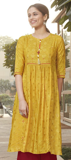 Party Wear Yellow color Kurti in Rayon fabric with A Line, Elbow Sleeve Printed work : 1788943