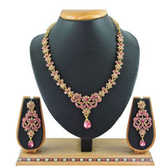 Gold Rodium Polish Pink and Majenta color Necklace in Metal Alloy studded with CZ Diamond