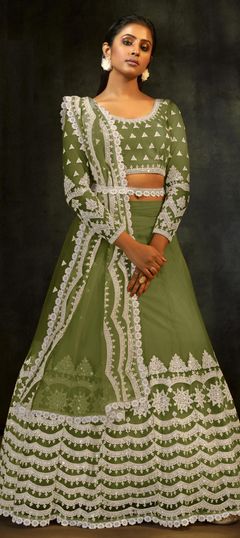 Green color Lehenga in Net fabric with Embroidered, Sequence, Thread work