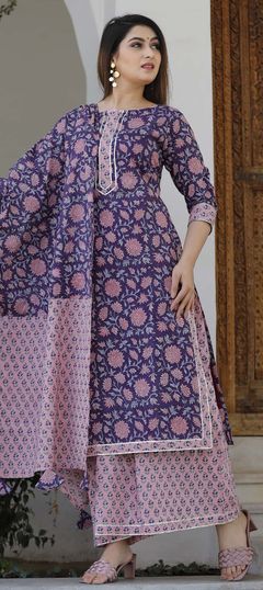 Purple and Violet color Salwar Kameez in Cotton fabric with Block Print, Gota Patti work