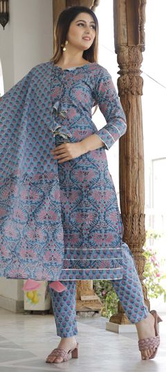 Blue color Salwar Kameez in Cotton fabric with Block Print, Gota Patti work