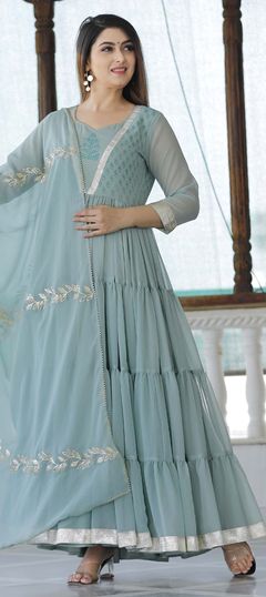 Festive, Party Wear Green color Kurti in Georgette fabric with Anarkali, Long Sleeve Block Print work : 1789453