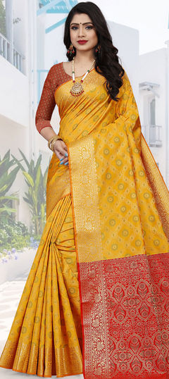 Yellow color Saree in Patola Silk, Silk fabric with Weaving work