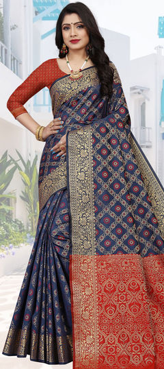 Blue color Saree in Patola Silk, Silk fabric with Weaving work