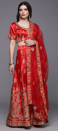 Red and Maroon color Lehenga in Satin Silk fabric with Embroidered, Resham, Stone, Thread, Zari work