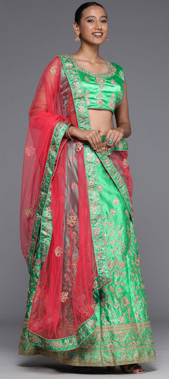 Green color Lehenga in Satin Silk fabric with Embroidered, Stone, Thread, Zari work