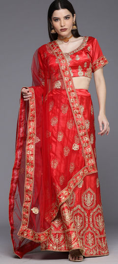 Red and Maroon color Lehenga in Satin Silk fabric with Embroidered, Stone, Thread, Zari work