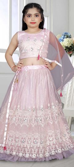 Pink and Majenta color Kids Lehenga in Net fabric with Embroidered, Mirror, Thread work : 1789997