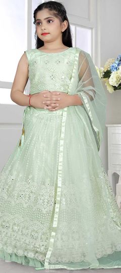 Green color Kids Lehenga in Net fabric with Embroidered, Mirror, Thread work : 1789998