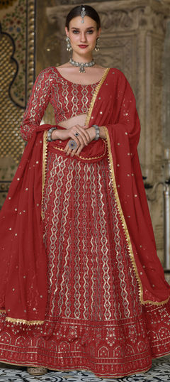 Red and Maroon color Lehenga in Georgette fabric with Embroidered, Sequence, Thread work