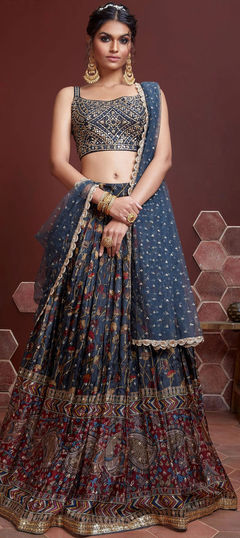 Blue color Lehenga in Chiffon fabric with Digital Print, Embroidered, Sequence work