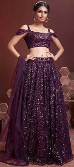 Purple and Violet color Lehenga in Net fabric with Embroidered, Sequence, Thread work