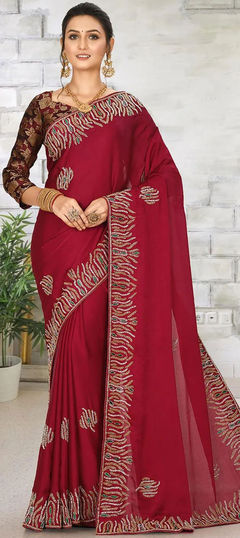 Red and Maroon color Saree in Georgette fabric with Fancy Work work