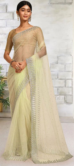 Yellow color Saree in Net fabric with Fancy Work work