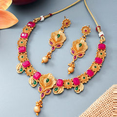 Gold Rodium Polish Green, Pink and Majenta color Necklace in Metal Alloy studded with Kundan