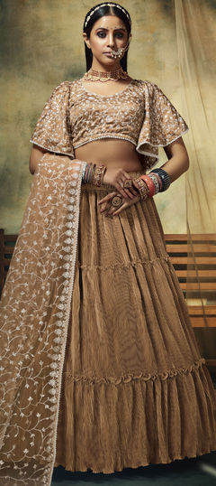 Beige and Brown color Lehenga in Satin Silk fabric with Embroidered, Thread work
