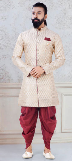 Gold color IndoWestern Dress in Brocade fabric with Weaving work