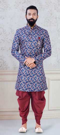 Blue color IndoWestern Dress in Jacquard fabric with Printed work