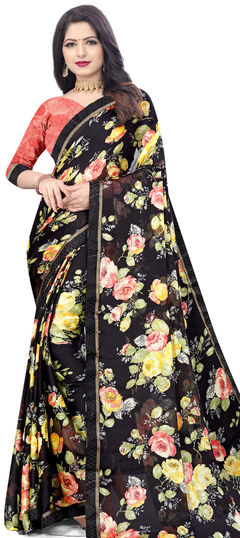 Black and Grey color Saree in Chiffon fabric with Floral, Printed work