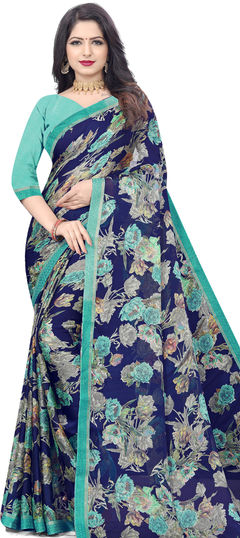 Blue color Saree in Chiffon fabric with Floral, Printed work