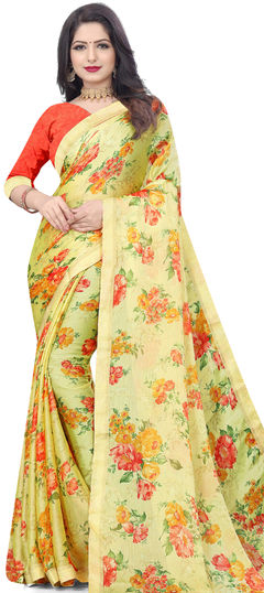 Yellow color Saree in Chiffon fabric with Floral, Printed work