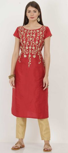 Red and Maroon color Tunic with Bottom in Art Silk fabric with Embroidered, Resham, Zari work