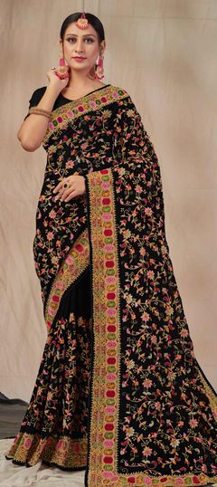 Black and Grey color Saree in Georgette fabric with Embroidered, Resham, Stone, Zari work