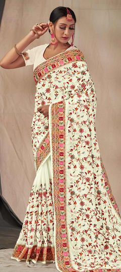 White and Off White color Saree in Georgette fabric with Embroidered, Resham, Stone, Zari work