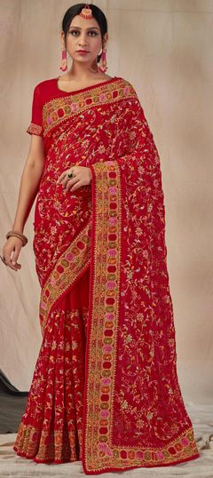 Red and Maroon color Saree in Georgette fabric with Embroidered, Resham, Stone, Zari work