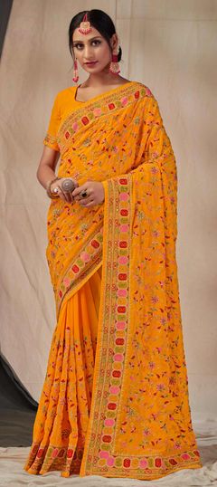 Yellow color Saree in Georgette fabric with Embroidered, Resham, Stone, Zari work