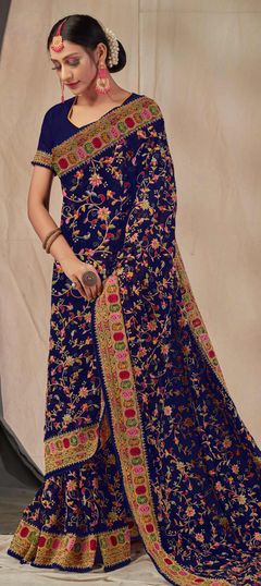 Blue color Saree in Georgette fabric with Embroidered, Resham, Stone, Zari work