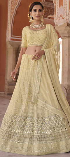 White and Off White color Lehenga in Georgette fabric with Foil Print, Sequence, Thread work