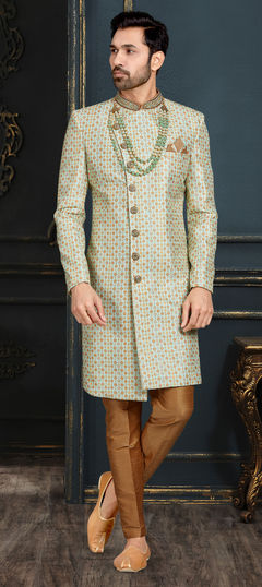 Green color Sherwani in Jacquard fabric with Embroidered, Stone, Thread work