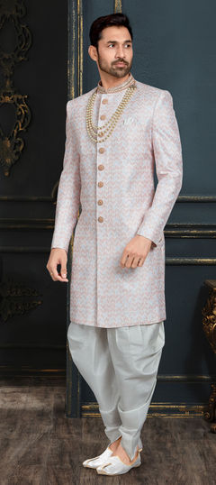 Pink and Majenta, White and Off White color Sherwani in Jacquard fabric with Embroidered, Stone, Thread work
