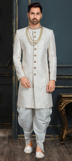 Beige and Brown, White and Off White color Sherwani in Jacquard fabric with Embroidered, Stone, Thread work