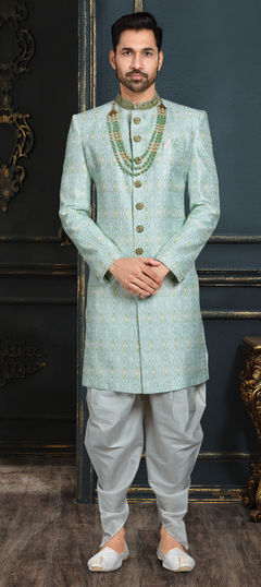 Blue color Sherwani in Jacquard fabric with Embroidered, Stone, Thread work