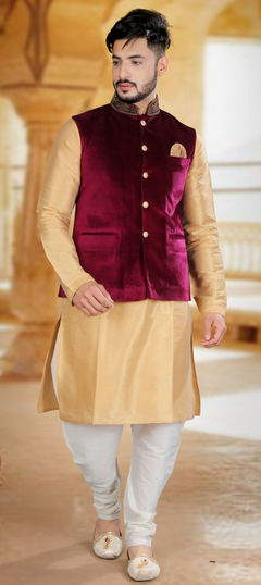 Gold color Kurta Pyjama with Jacket in Art Silk fabric with Bugle Beads, Stone work