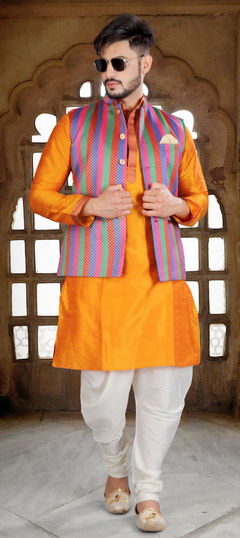 Orange color Kurta Pyjama with Jacket in Art Silk fabric with Printed work