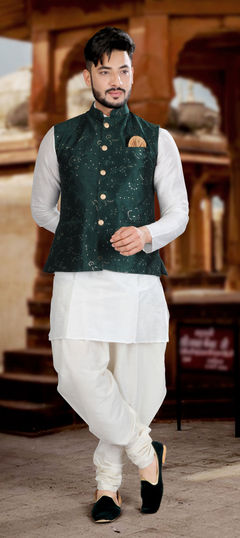 White and Off White color Kurta Pyjama with Jacket in Art Silk fabric with Embroidered, Sequence, Thread work