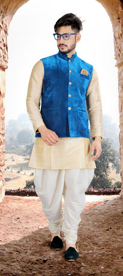 Beige and Brown color Kurta Pyjama with Jacket in Art Silk fabric with Thread work