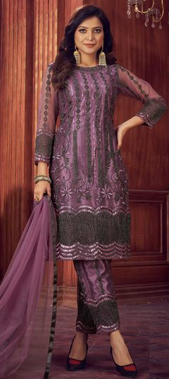 Purple and Violet color Salwar Kameez in Net fabric with Embroidered, Sequence, Thread work