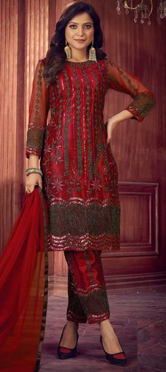 Red and Maroon color Salwar Kameez in Net fabric with Embroidered, Sequence, Thread work