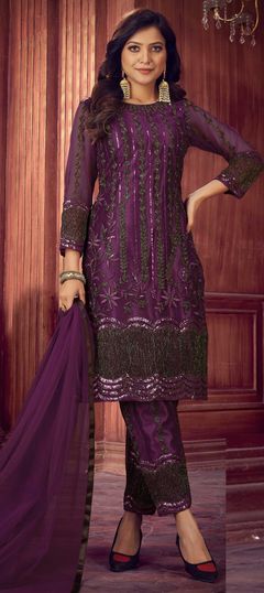 Purple and Violet color Salwar Kameez in Net fabric with Embroidered, Sequence, Thread work