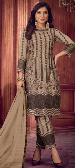 Beige and Brown color Salwar Kameez in Net fabric with Embroidered, Sequence, Thread work