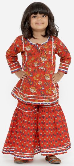 Red and Maroon color Girls Top with Bottom in Cotton fabric with Floral, Gota Patti, Printed work