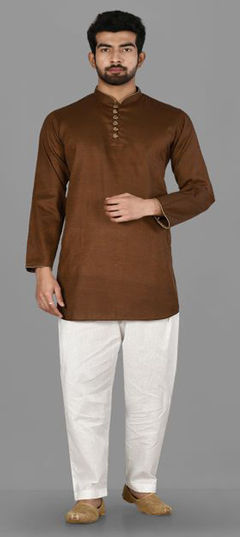 Beige and Brown color Kurta Pyjamas in Cotton fabric with Thread work : 1791598