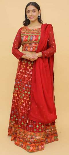 Red and Maroon color Ready to Wear Lehenga in Georgette fabric with Sequence, Thread work