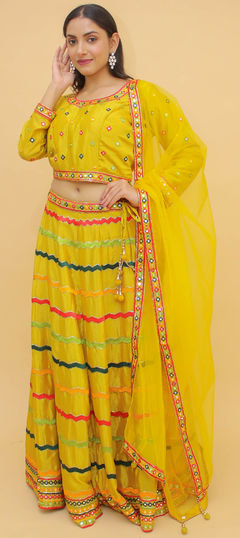 Yellow color Ready to Wear Lehenga in Chiffon fabric with Foil Print, Sequence, Thread work